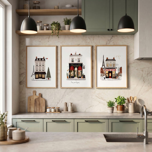 Paintings for Kitchen Paris Boutique Street Scenes "Paris, pour toujours" | Set of 3