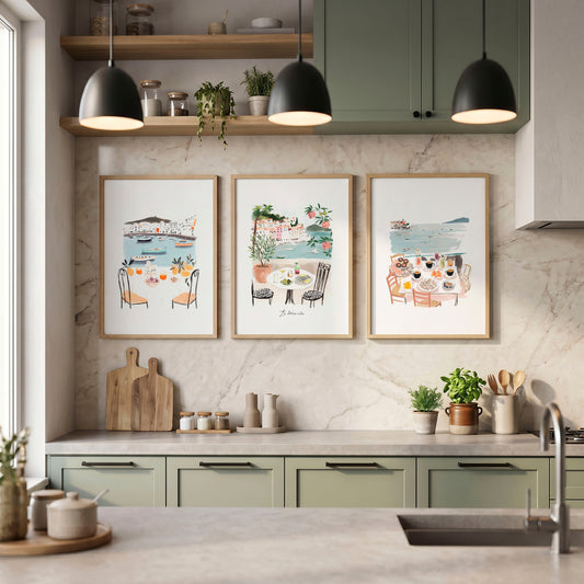 Paintings for Kitchen Walls Mediterranean Coastal Dining Scenes "La Dolce Vita" | Set of 3