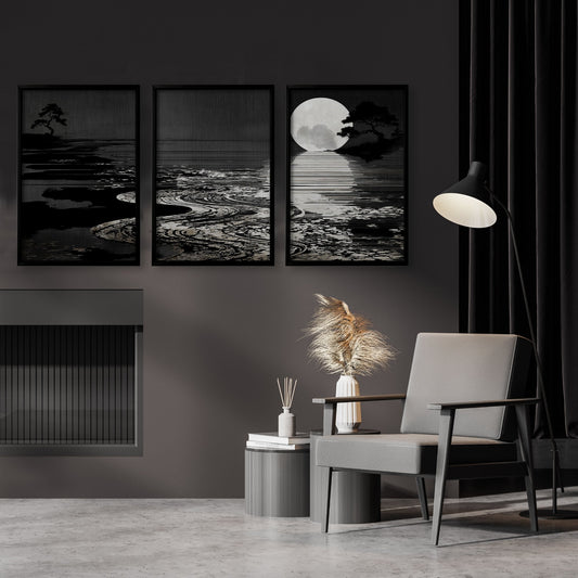 Paintings in Black Japandi Moonrise Coastal Landscape Wall Art Prints | Set of 3