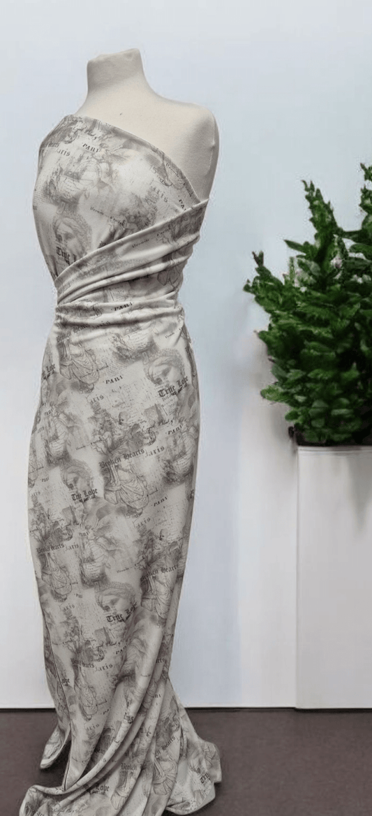 Paris Print Lightweight Jersey Crepe Fabric 4 Way Stretch