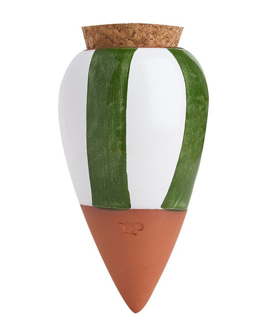 Pepin Olla with green and white stripes, terracotta tip and cork stopper on a plain background