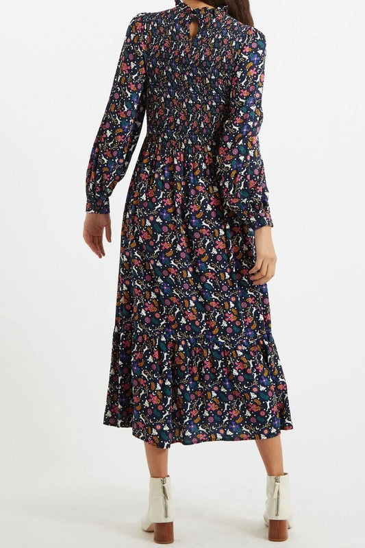 Louche Peppi White Rabbit Print Smocked Bodice Midi Dress