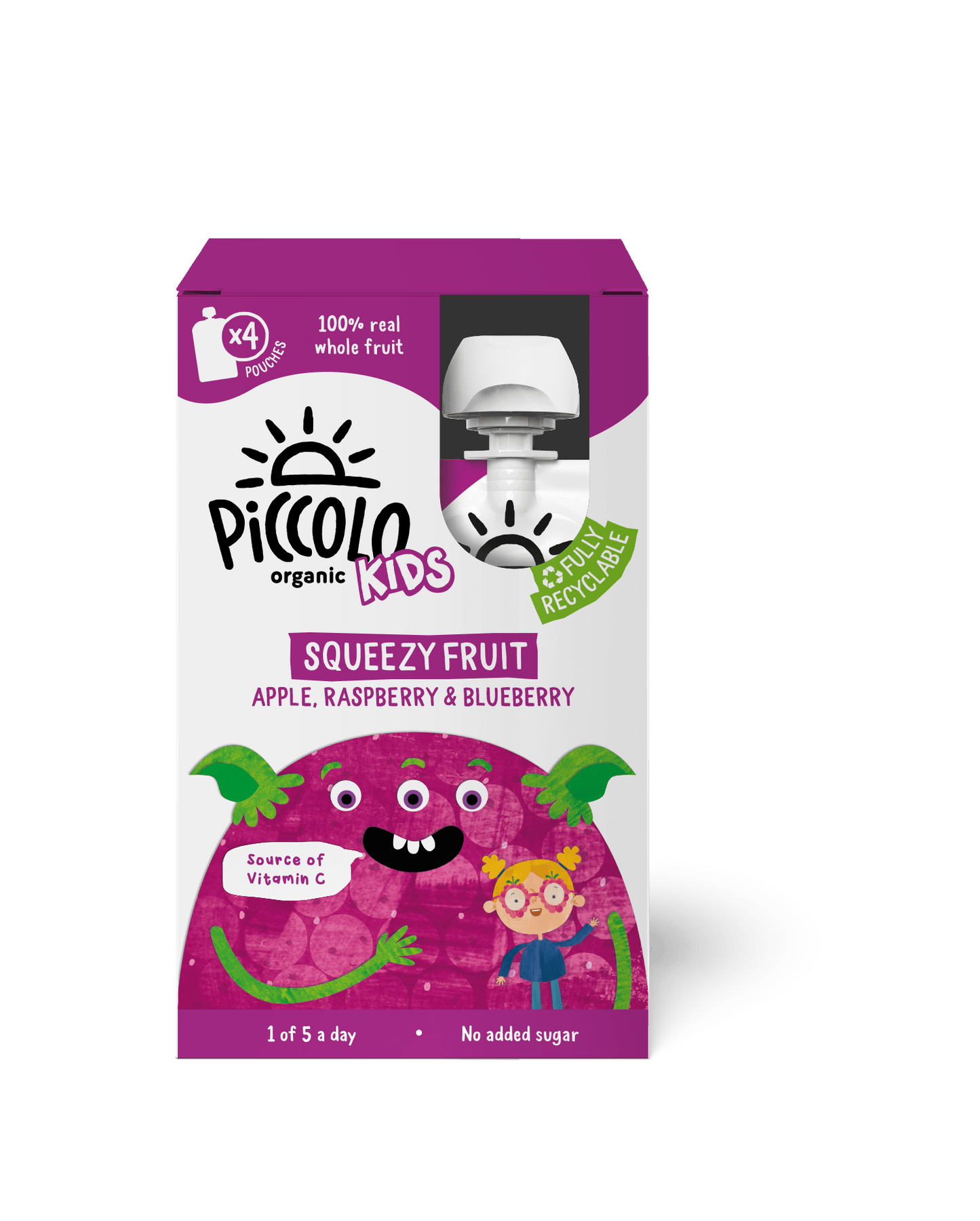 Piccolo Kids Squeezy Fruit Apple Raspberry & Blueberry 4 x 90g