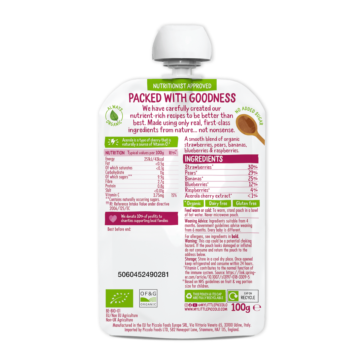 Piccolo Organic Blushing Berries Pear & Banana Baby Food 100g 4m+
