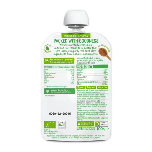 Piccolo Organic Pear Apple & Spring Greens Baby Food Pouch 100g 4m+