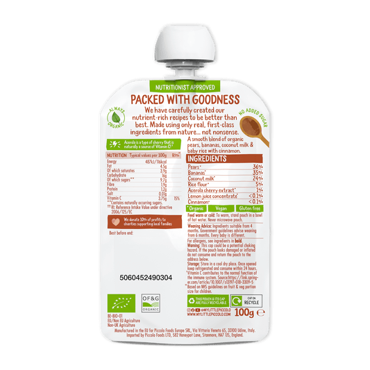 Piccolo Organic Pear Banana Coconut Milk & Baby Rice 100g 4m+