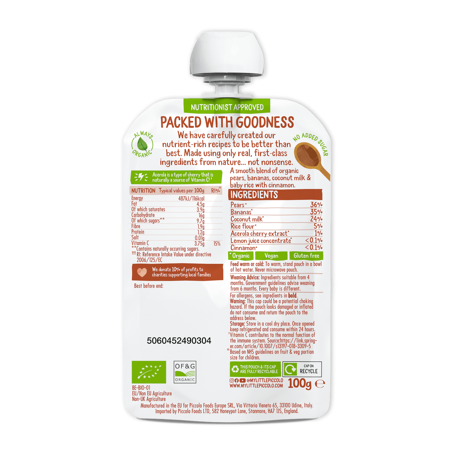 Piccolo Organic Pear Banana Coconut Milk & Baby Rice 100g 4m+