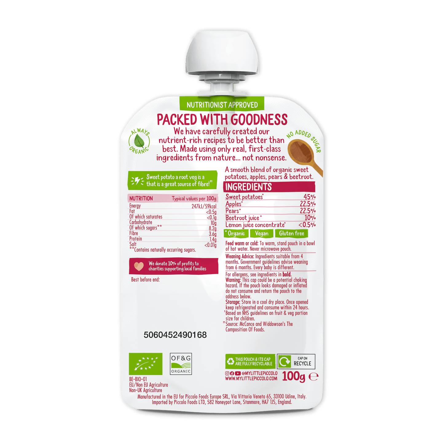 Piccolo Organic Sweet Potato Beetroot Pear & Apple Baby Food 100g