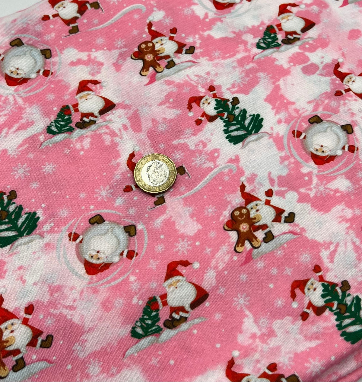 Pink Santa Print Soft Spun Poly Stretch Fabric