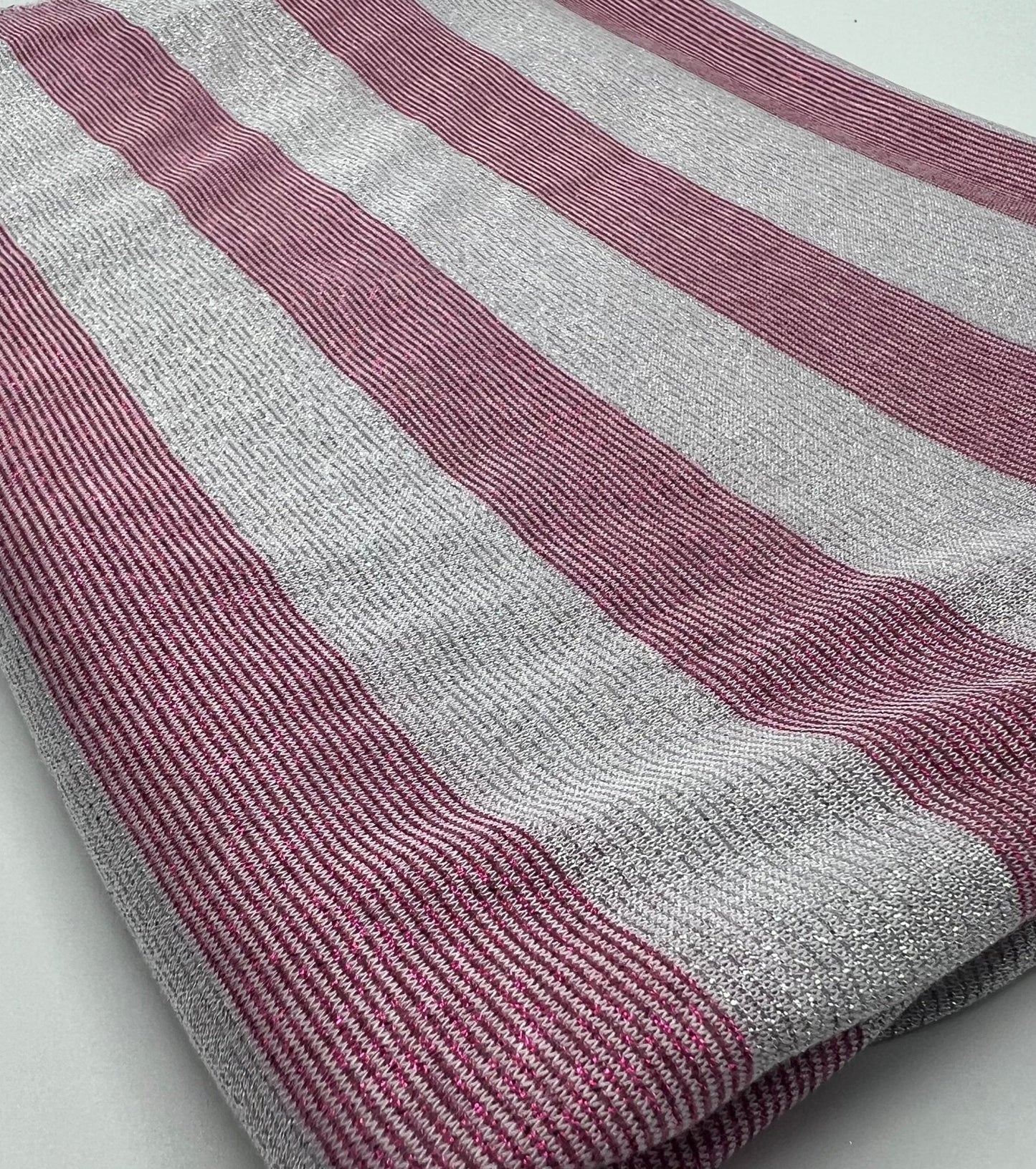 Pink Silver Metallic Stripe Knitted 2 Way Stretch Fabric