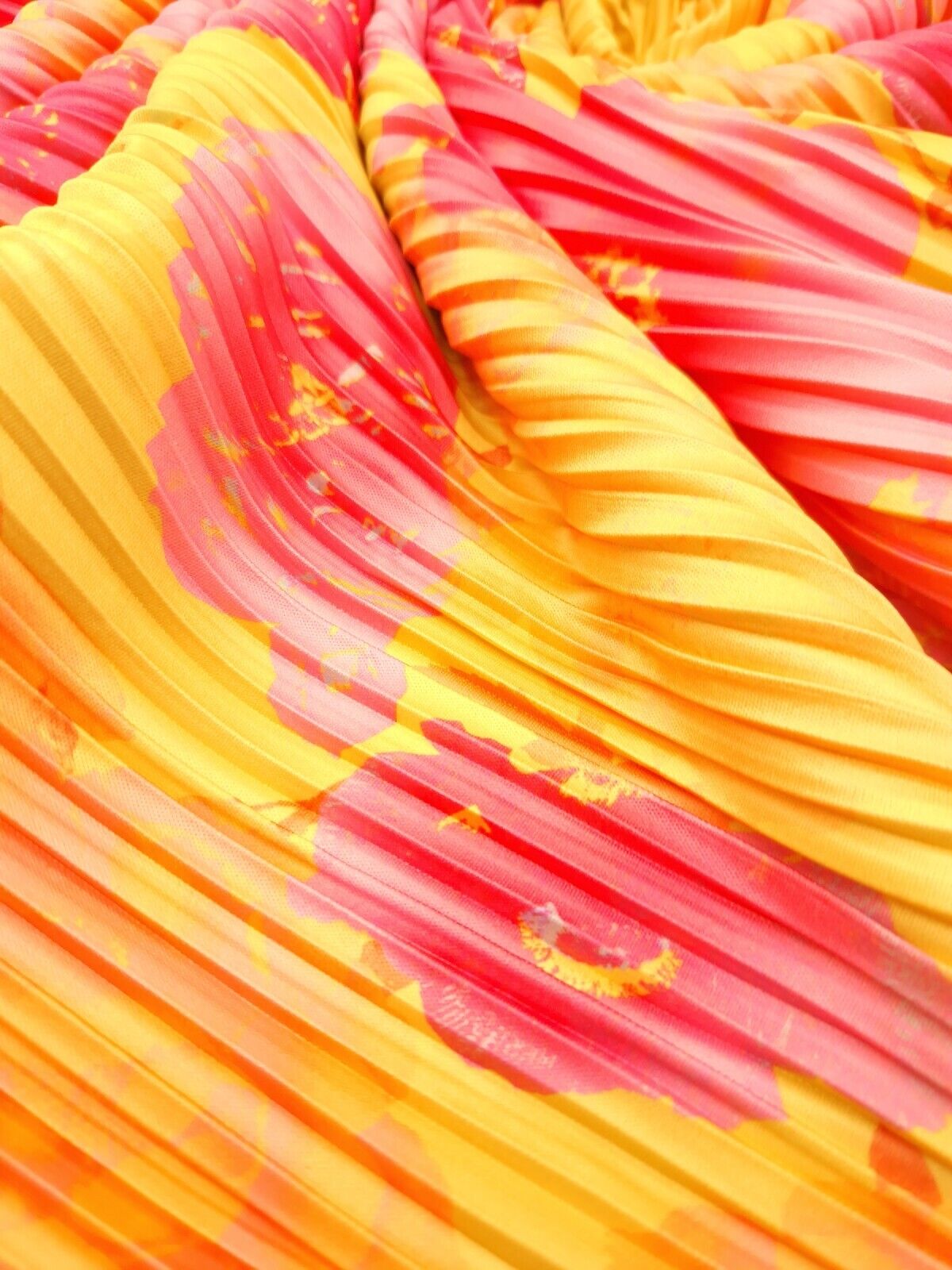 Pink Yellow Floral Multi Print Plisse Pleated Stretch Fabric