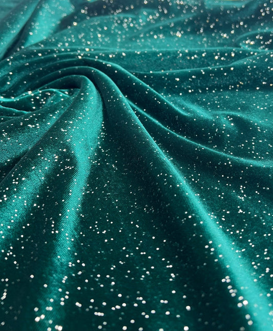 Plain Bottle Green Metallic Sparkle Glitter Velour Stretch Fabric