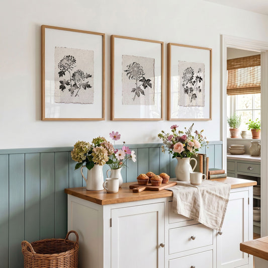 Prints for Kitchen French Country Botanical Chrysanthemum Black & Beige Wall Art | Set of 3