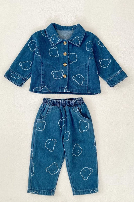 Baby Embroidered Bear Denim Two-Piece Set