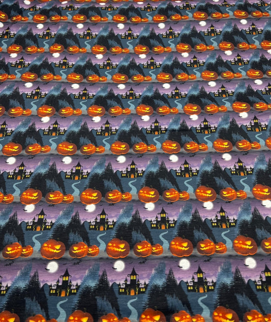 Purple Pumpkin Castle Halloween Print Spun Poly Stretch Fabric