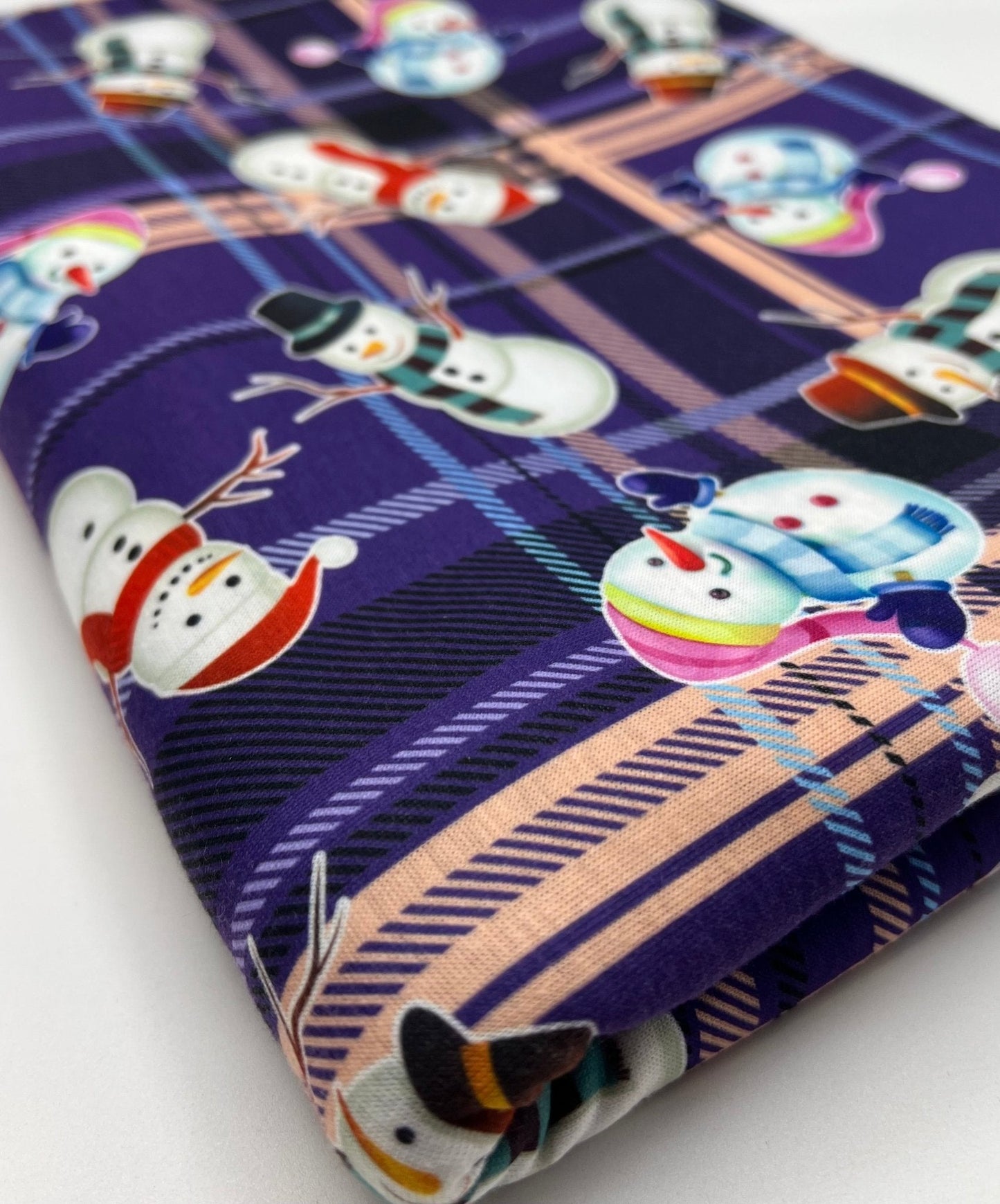 Purple Tartan Snowman Print Soft Spun Poly Stretch Fabric