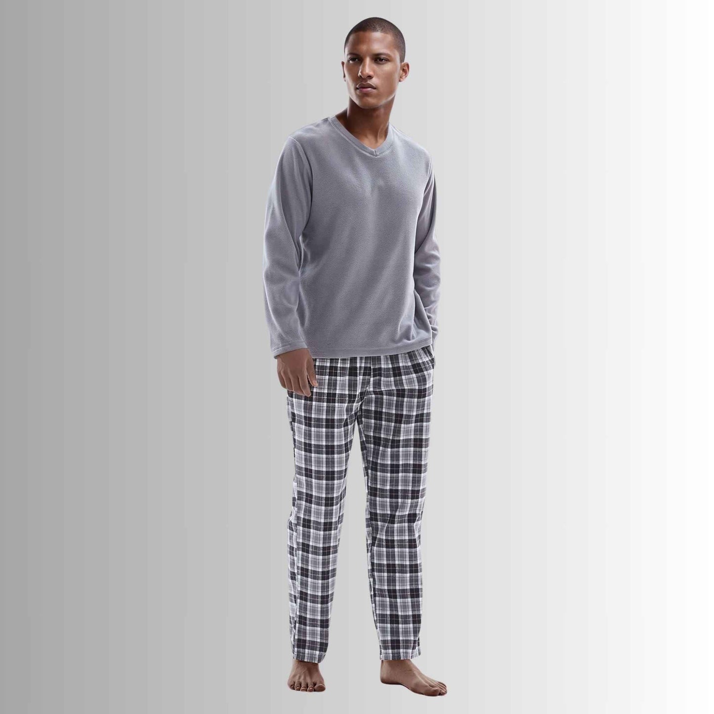 Men's Fleece Pyjama Sets: Cozy Grey Top with Black Cotton Bottoms