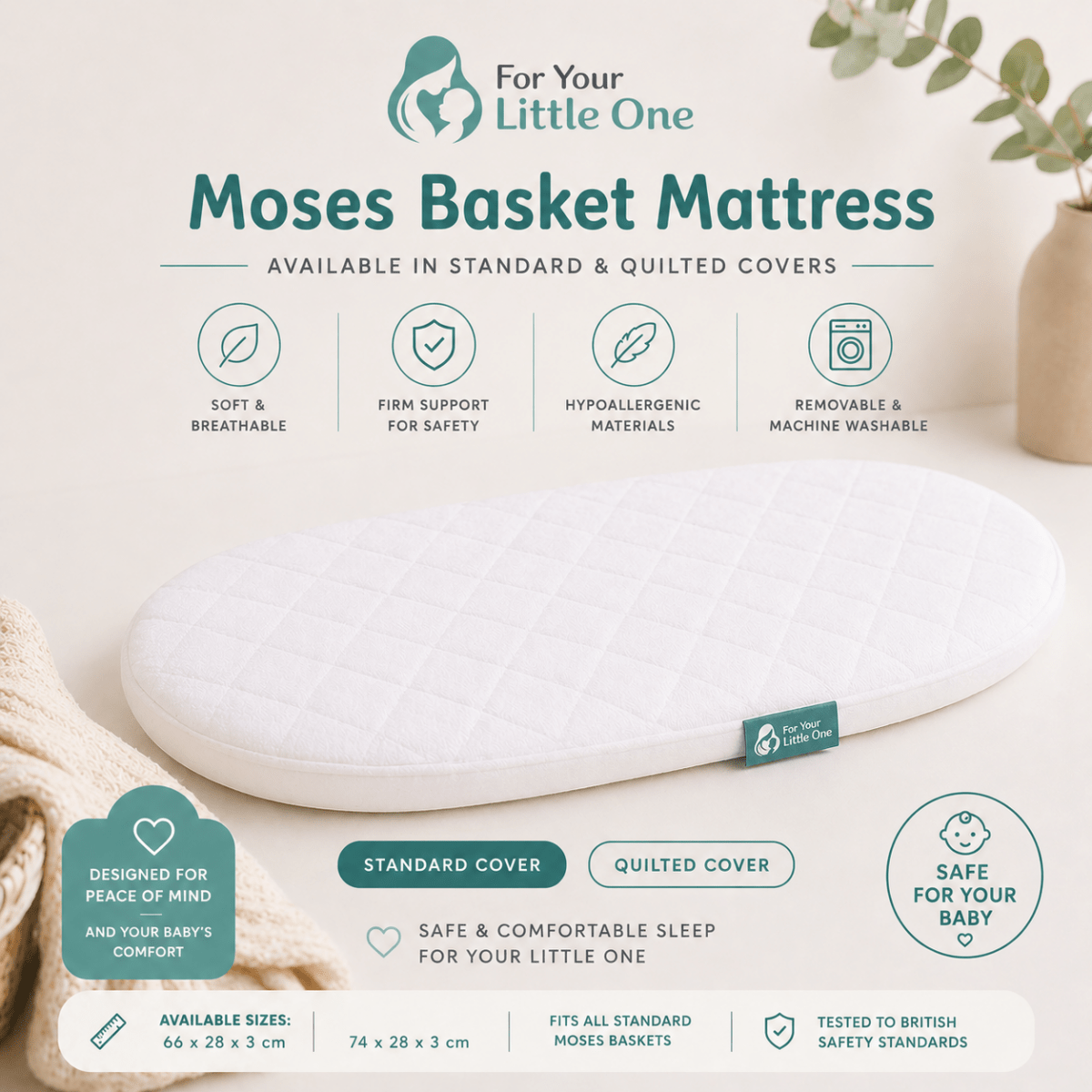 Quilted Moses Basket Mattress 74 x 28 x 3 cm