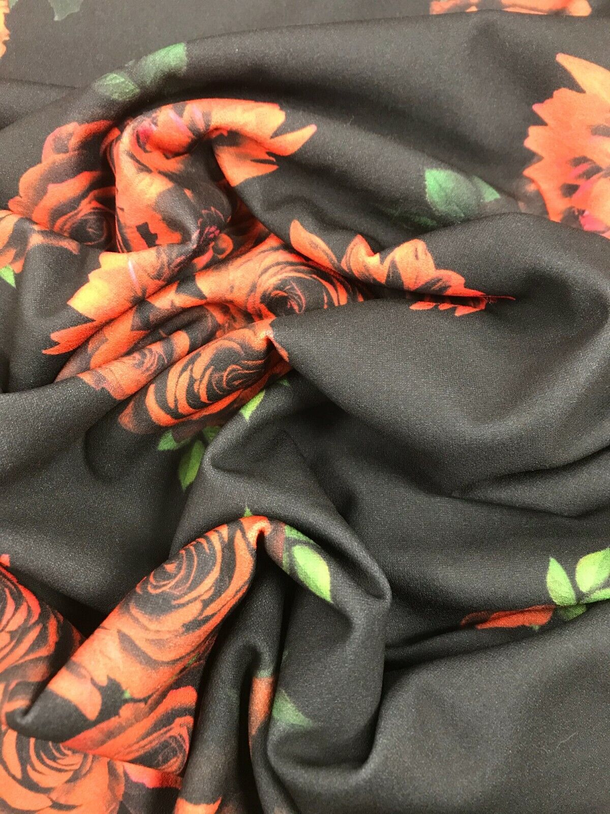 Red & Black Rose Printed Scuba Crepe Jersey Fabric 4 Way Stretch