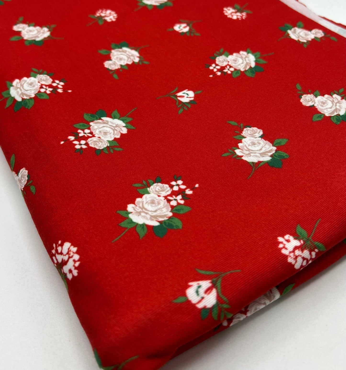 Red Floral Print Spun Poly Stretch Fabric
