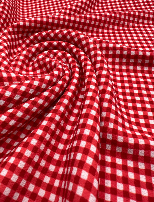 Red Gingham Check Print Lightweight Bubble Crepe Fabric