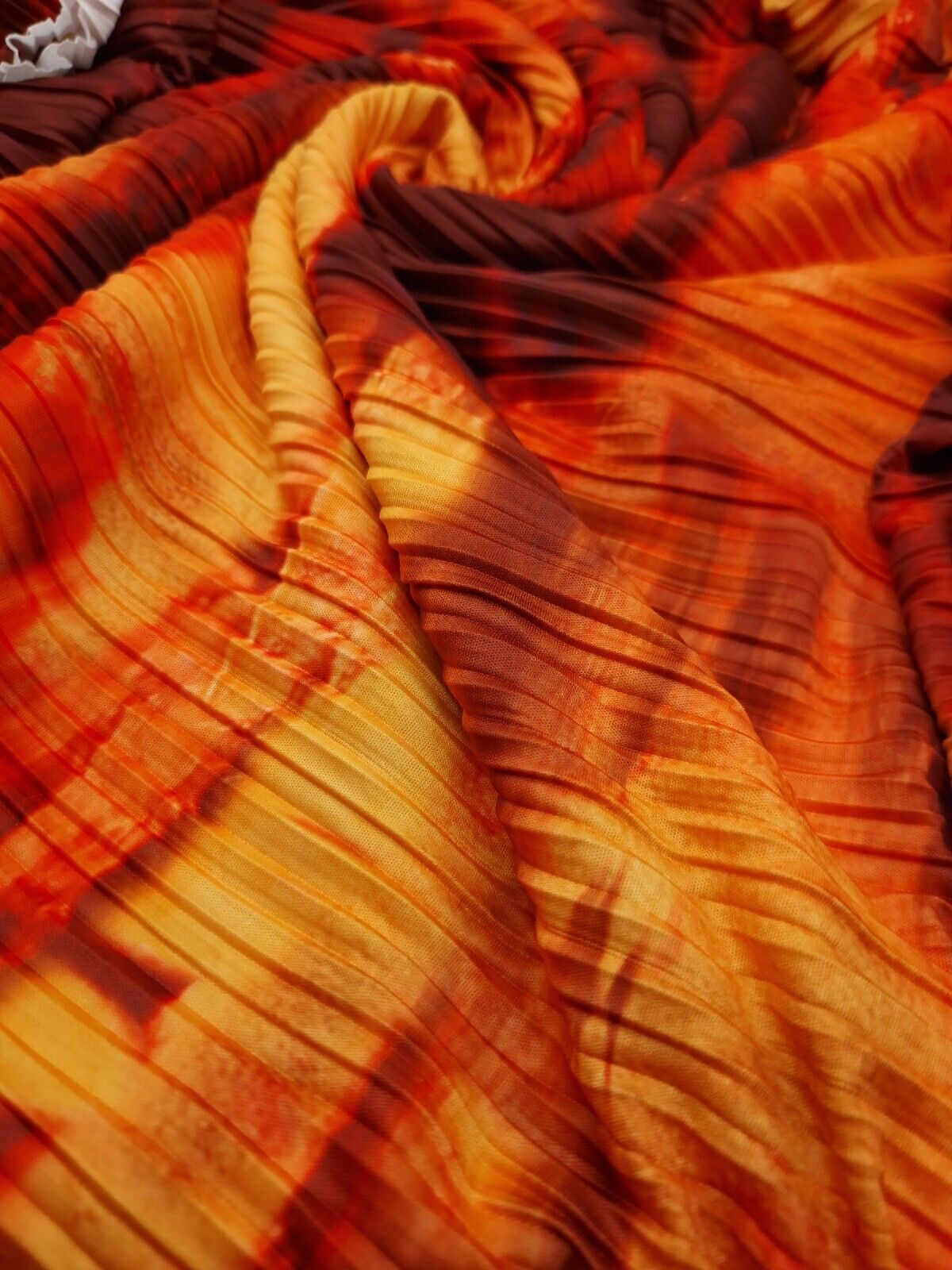 Red Orange Multi Print Plisse Pleated Stretch Fabric