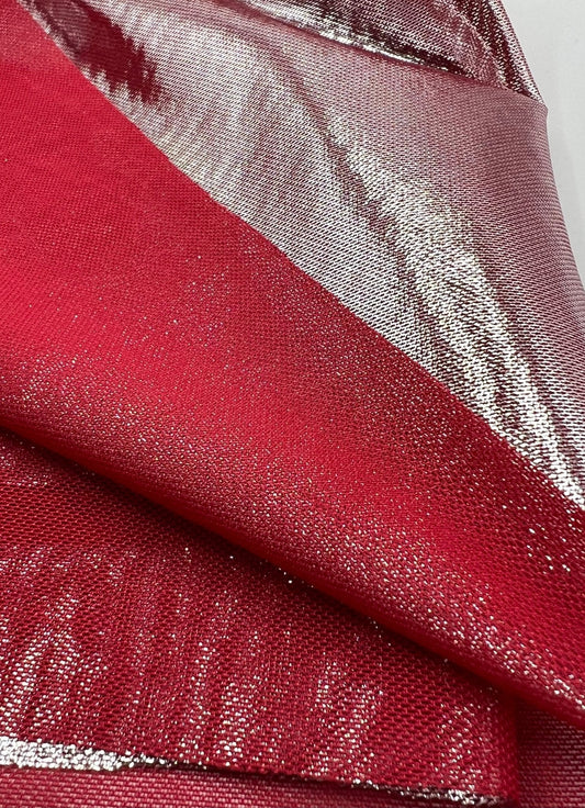 Red Silver Shiny Foil Mesh Fabric Stretch