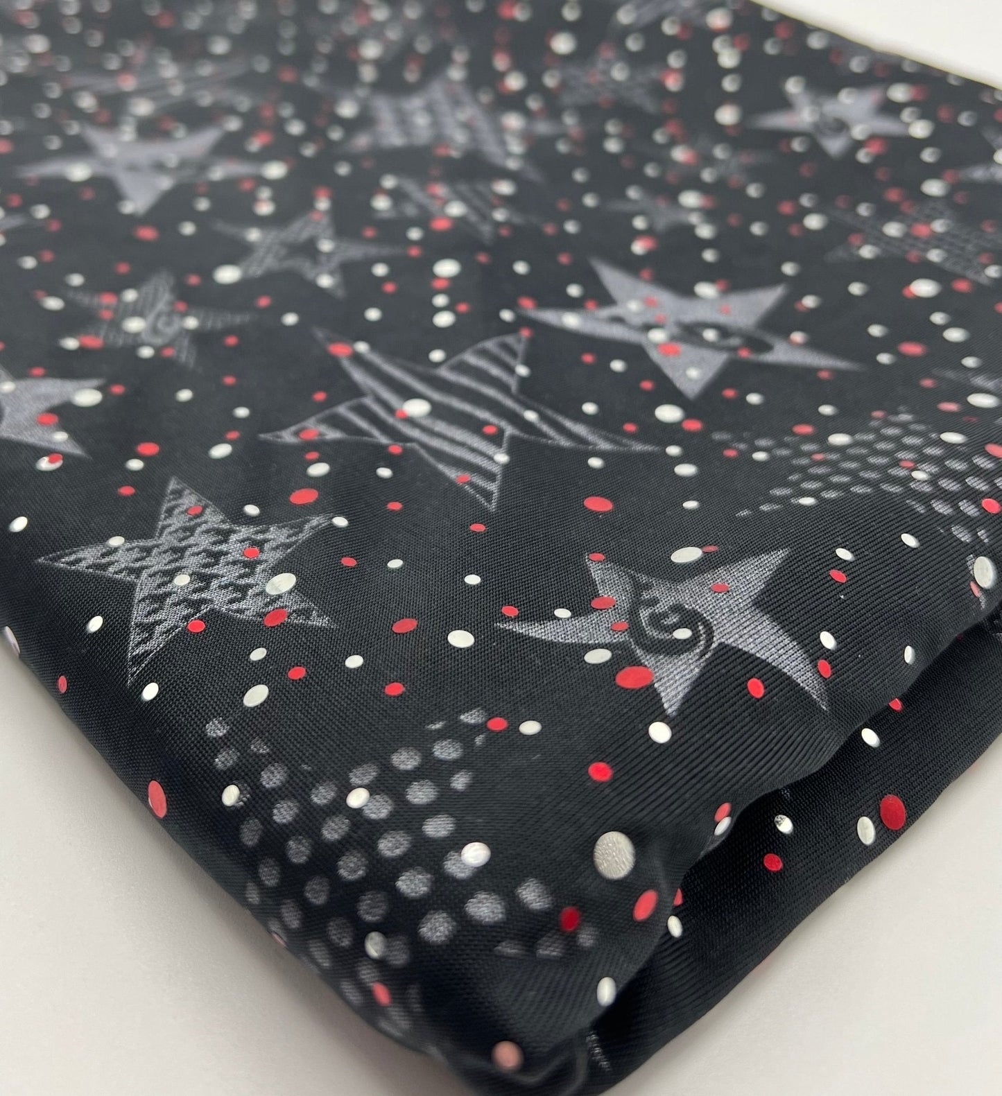 Red Silver Star Sequin Print Soft Touch 4 Way Stretch Fabric