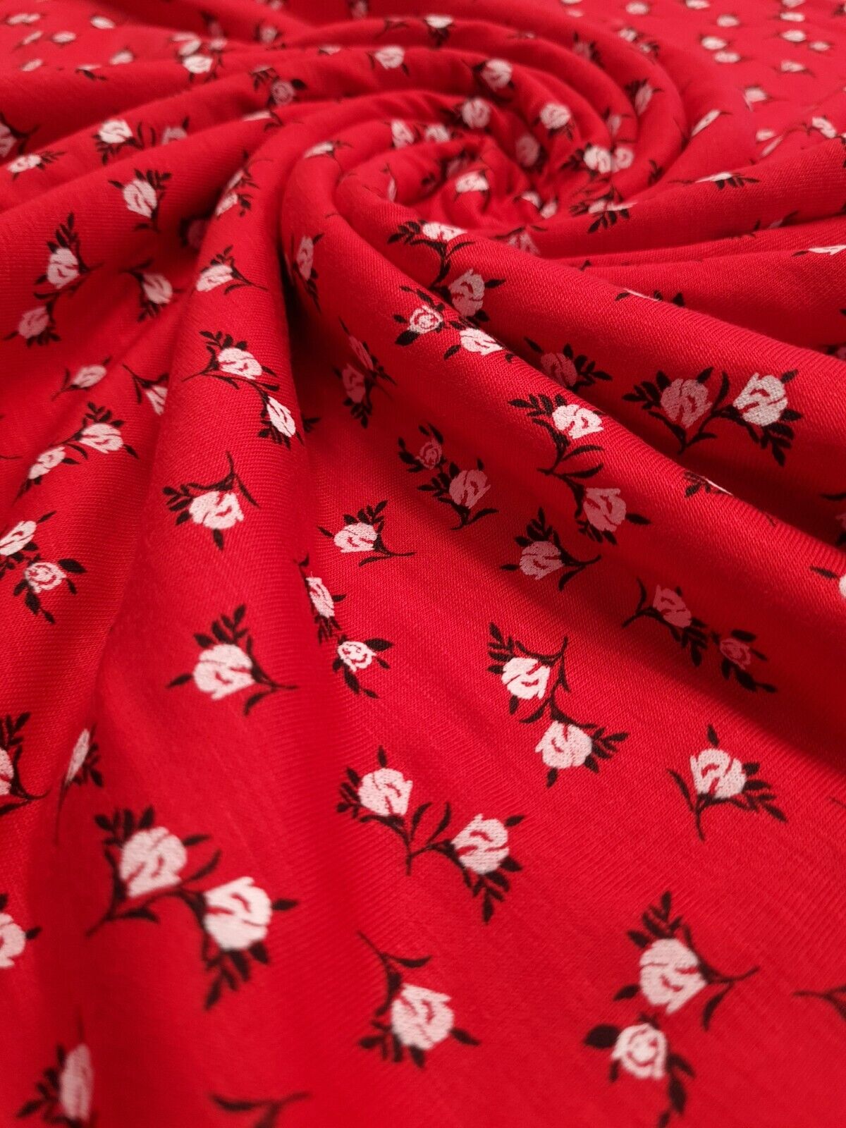 Red White Ditsy Floral Print Viscose Elastane Fabric