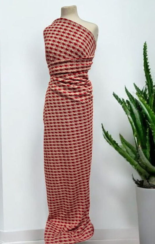 Red White Gingham Gold Speckle Jacquard Stretch Fabric