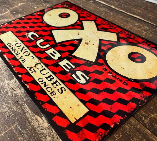 Retro Distressed Red and Black Oxo Cubes Metal Sign