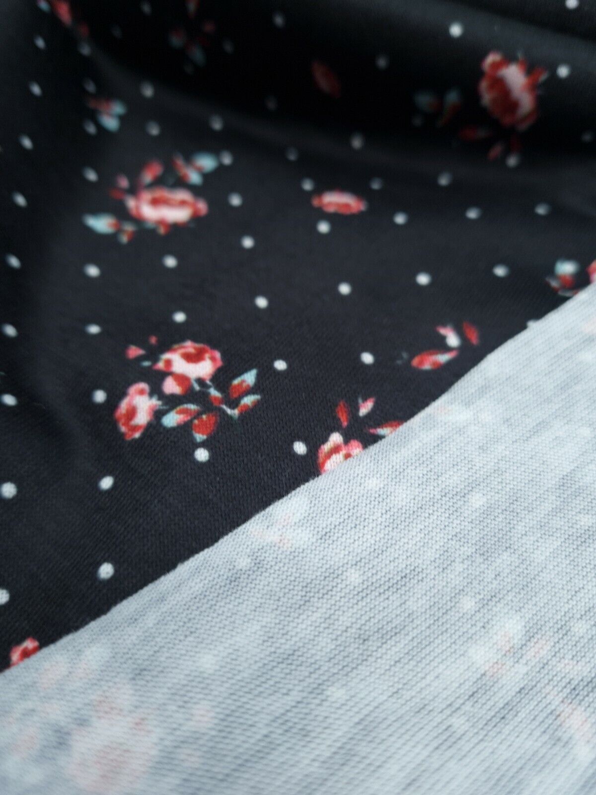 Rose Polka Dot Print Spun Poly Stretch Fabric
