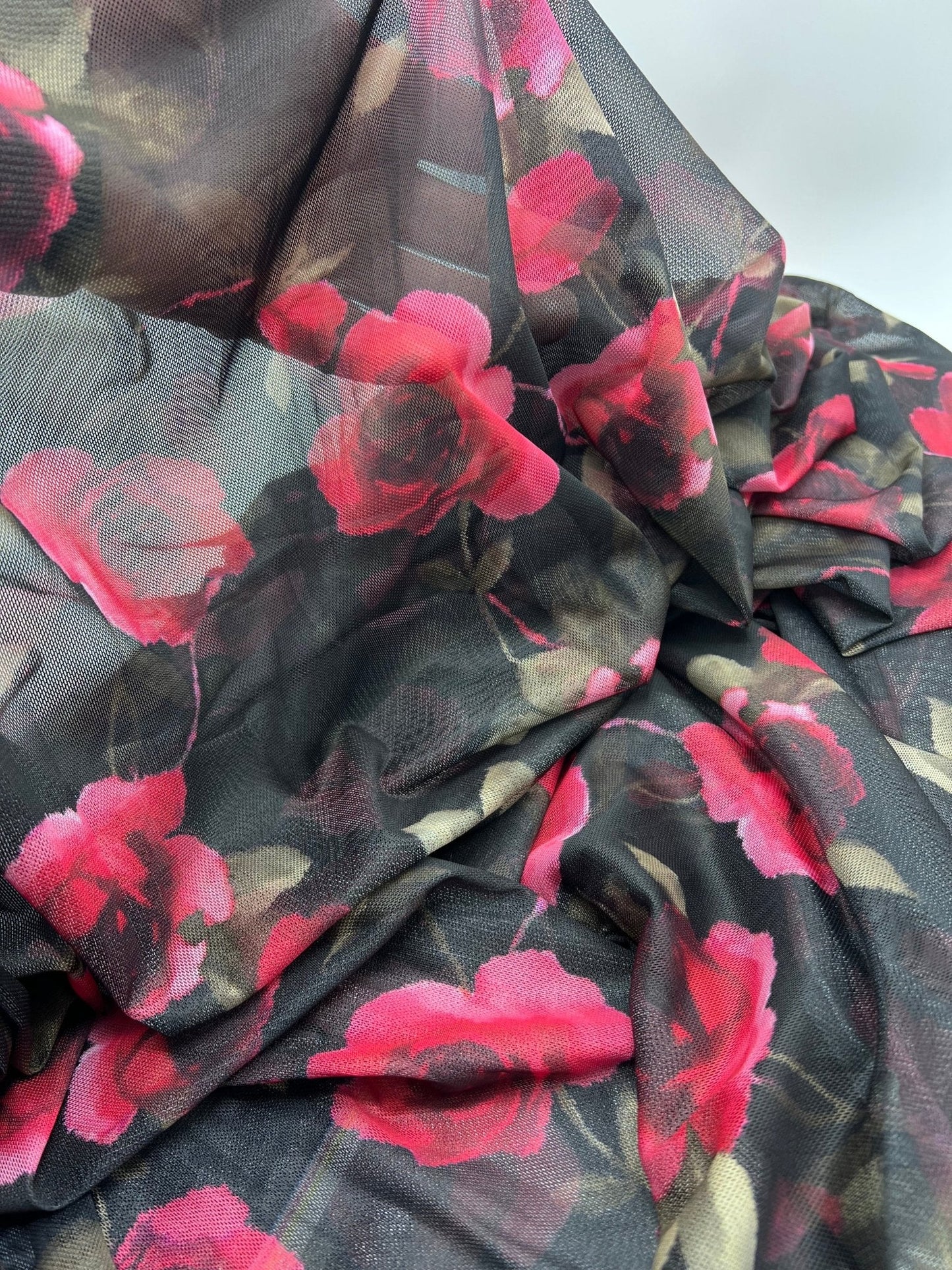 Rose Print Floral Mesh Fabric Stretch