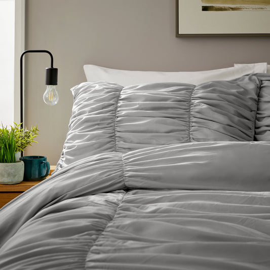 Ruched Grey Microfibre Duvet Cover Set with Pillowcases Ruffle Bedding Super Soft Easy Care Quilt Bed Linen by OLIVIA ROCCO