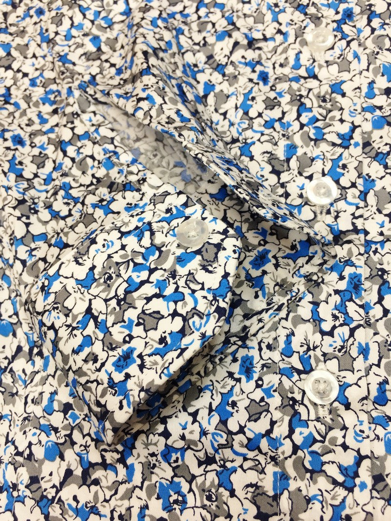 Blue & White Floral Print Fitted Shirt