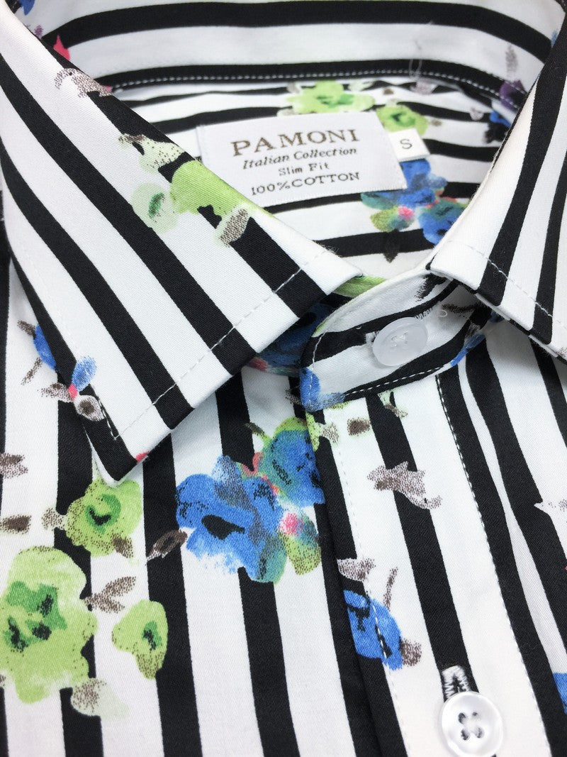 Black Stripe Floral Print Short Sleeves Shirt
