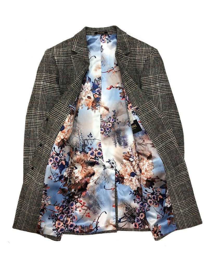 Grey Dogtooth Check Slim Fit Coat
