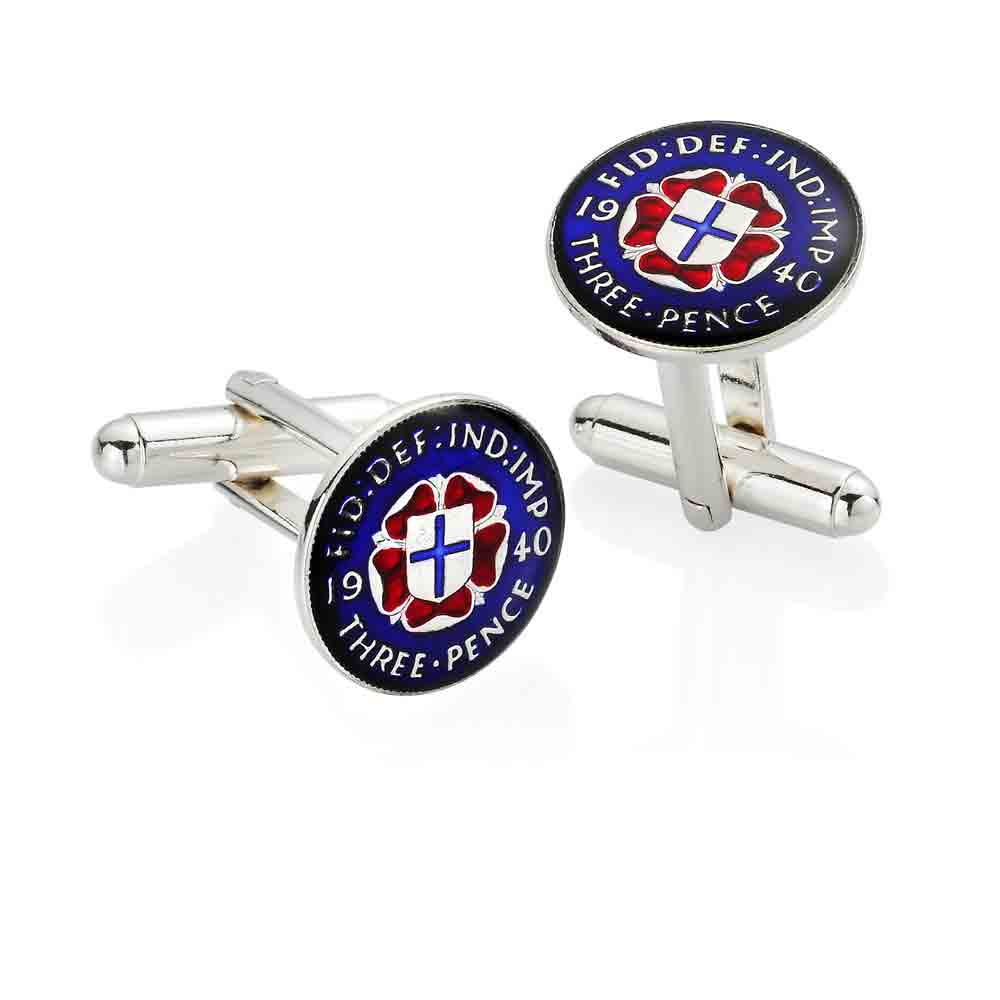 George VI Threepenny (1937-1941) - Tudor Rose Design - Enamelled Coin Cufflinks