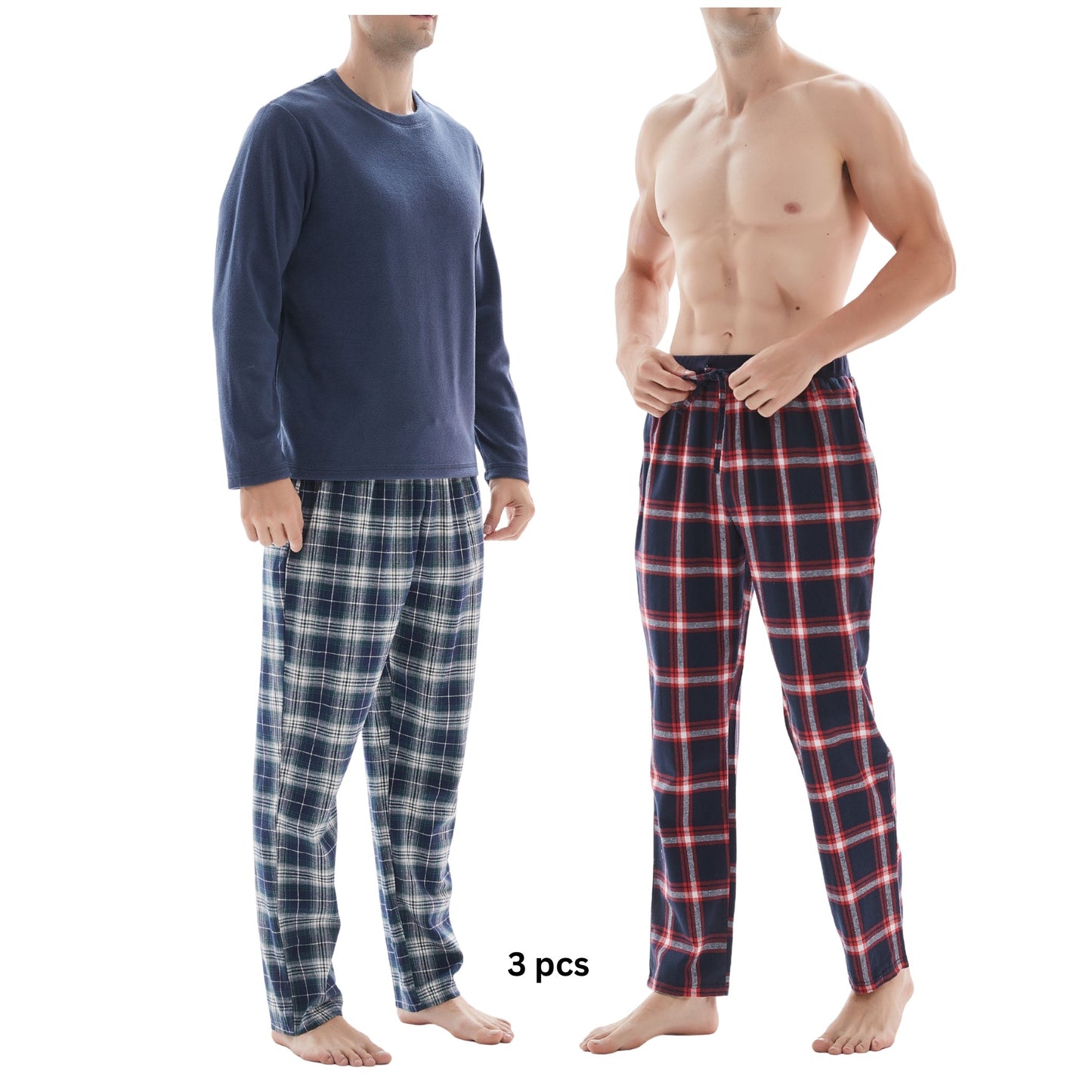 3-Piece Men's Pyjama Set with Long-Sleeve Polyester Top and Check Cotton Pants