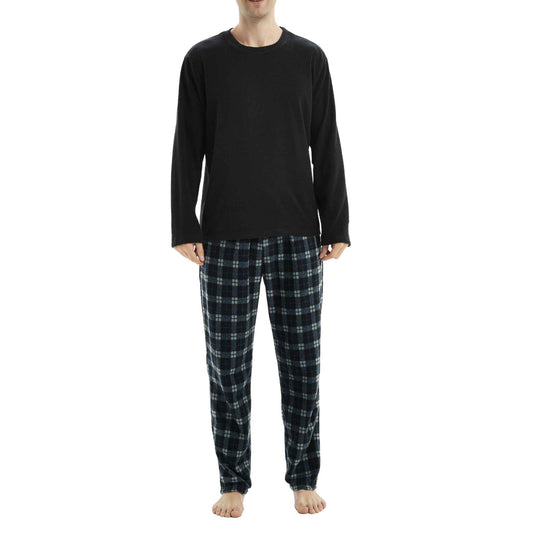Men's Fleece Pyjama Set - Black Long Sleeve Loungewear