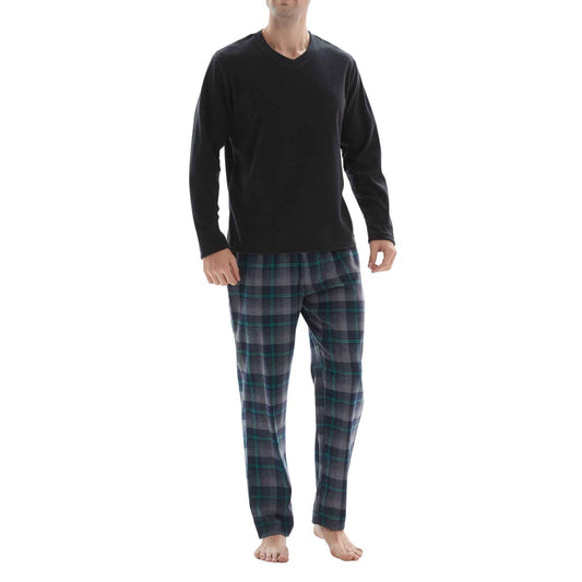 Men's Checkered Pyjamas Loungewear with Fleece Top and Cotton Bottoms