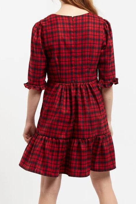 Sassa Winter Gingham Tiered Mini Dress in Red and Black