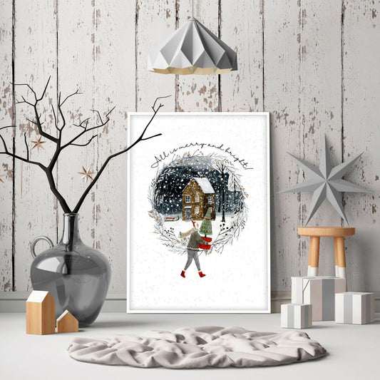 Christmas decor in living room wall art print