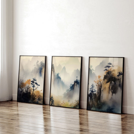 Set of 3 Framed Pictures | Set of 3 Asian Inspired Wall art Prints
