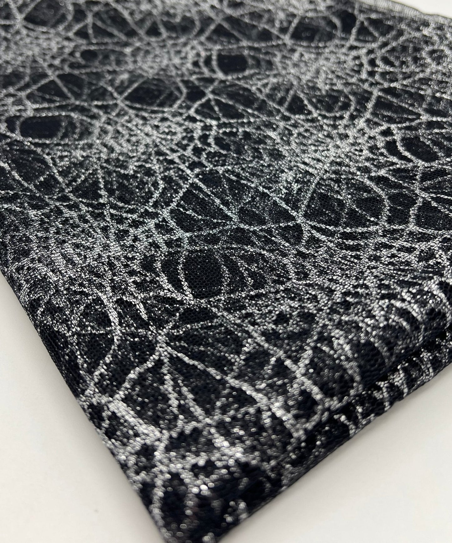 Silver Black Cobweb Halloween Print Mesh Fabric Stretch
