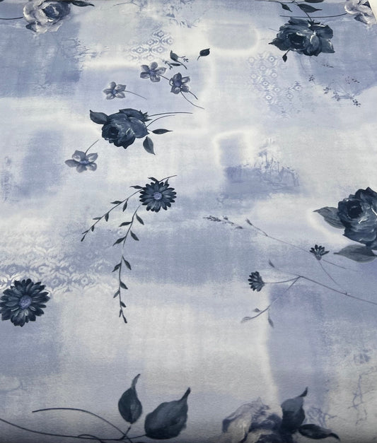 Sky Blue Floral Printed Scuba Crepe Jersey Fabric 4 Way Stretch
