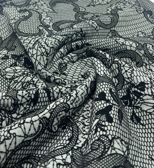 Slate Blue Floral Embossed Flocked Mesh Fabric 2 Way Stretch