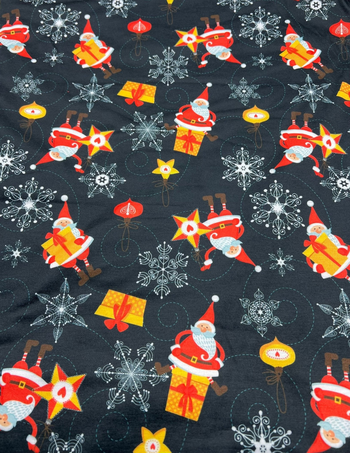 Snowflake Santa Print Soft Spun Poly Stretch Fabric