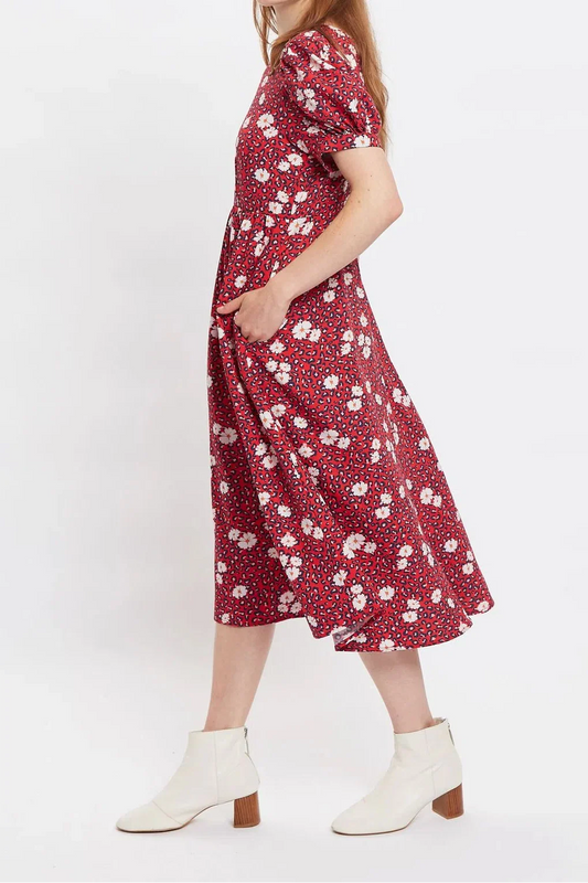 Louche Stasia Roaring Daisy Print V Back Puff Sleeve Midi Dress Red