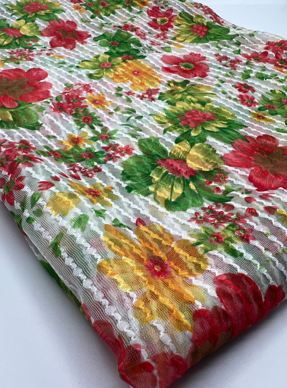 Textured Stripe Floral Print Mesh Fabric 2 Way Stretch